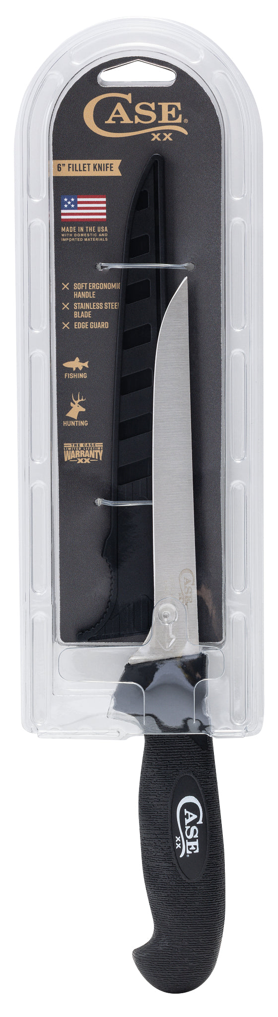 Front view of 6 in Black Fillet Knife in Clam in its packaging.