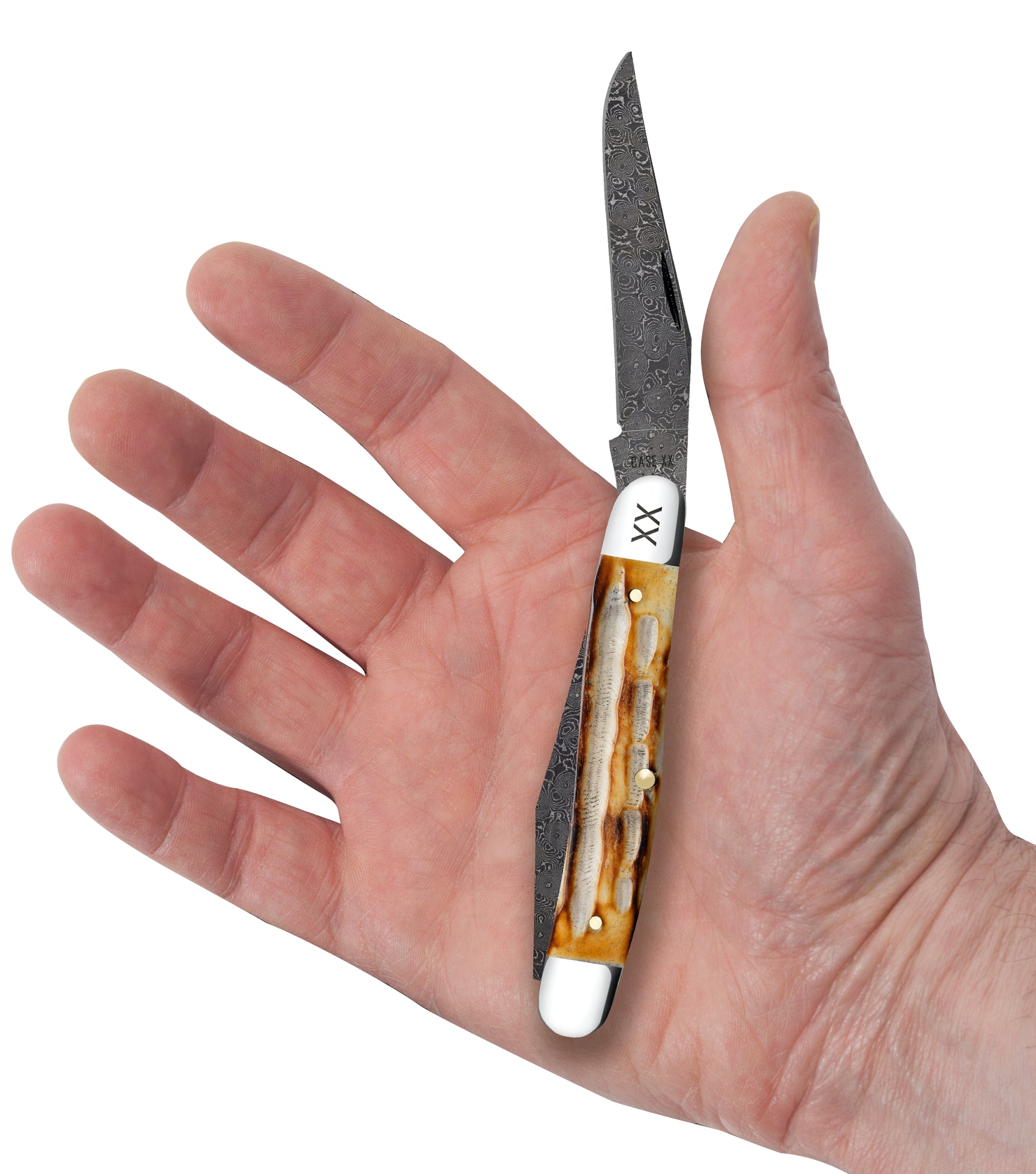 Deep Canyon Jigged Burnt Natural Bone Raindrop Damascus Muskrat In Hand