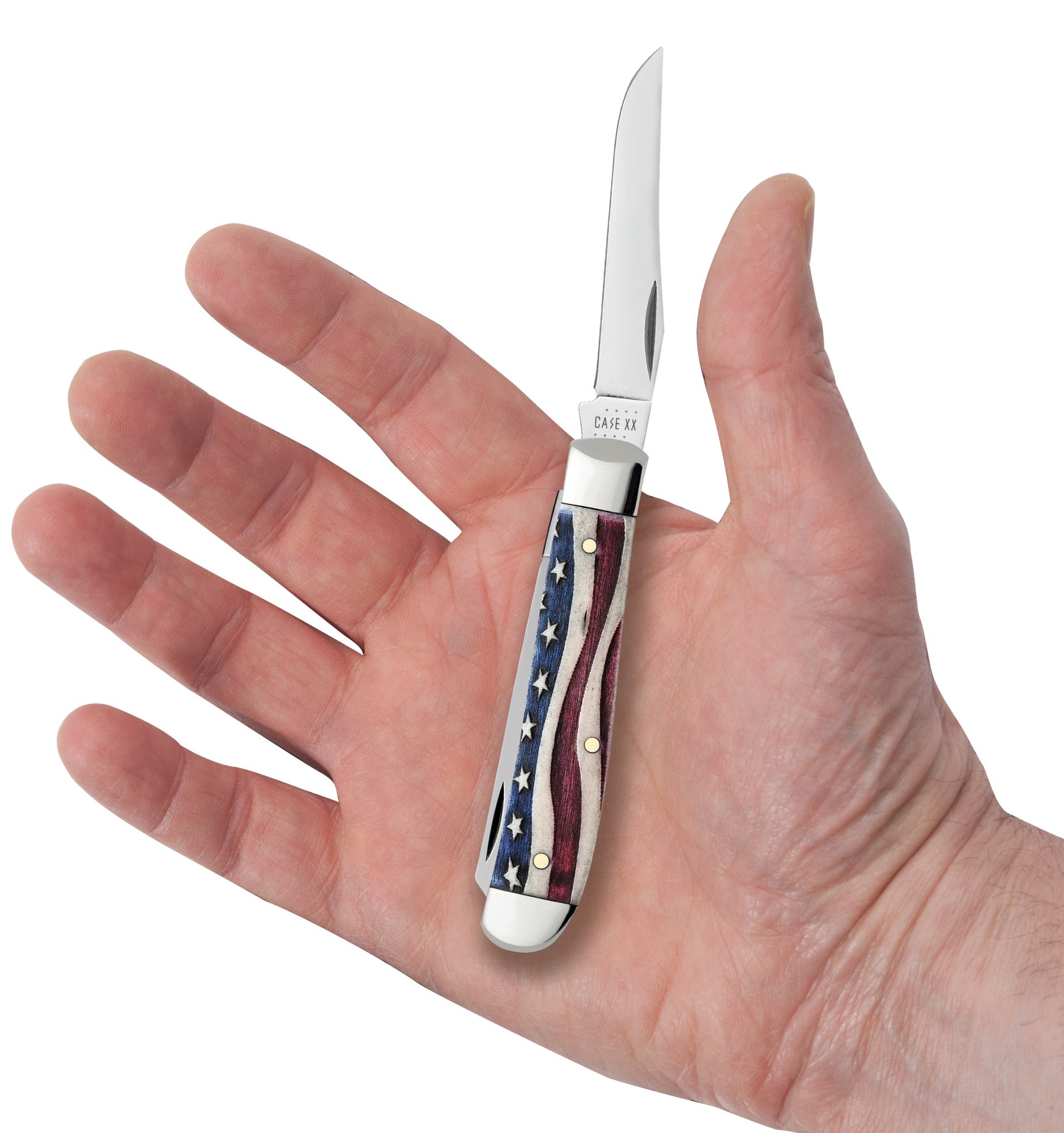 Star Spangled Embellished Smooth Natural Bone Mini Trapper Knife in Hand