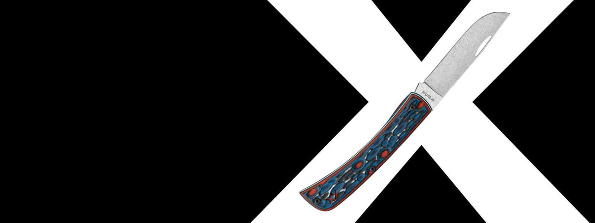October's Cut of the Month. Case knife with a red and blue handle on a black background.