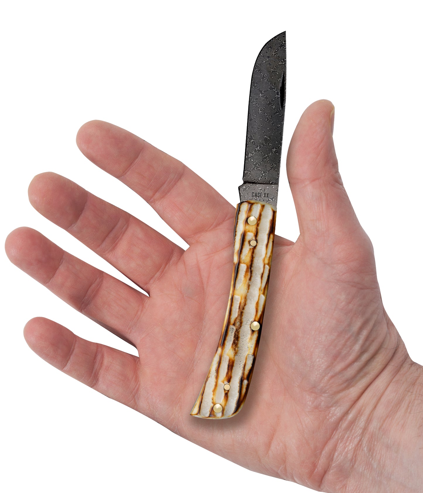 Deep Canyon Jigged Burnt Natural Bone Raindrop Damascus Sod Buster Jr In Hand