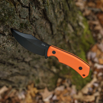 Orange Textured G-10 with Hunter CT3 Embellished Leather Sheath Front View