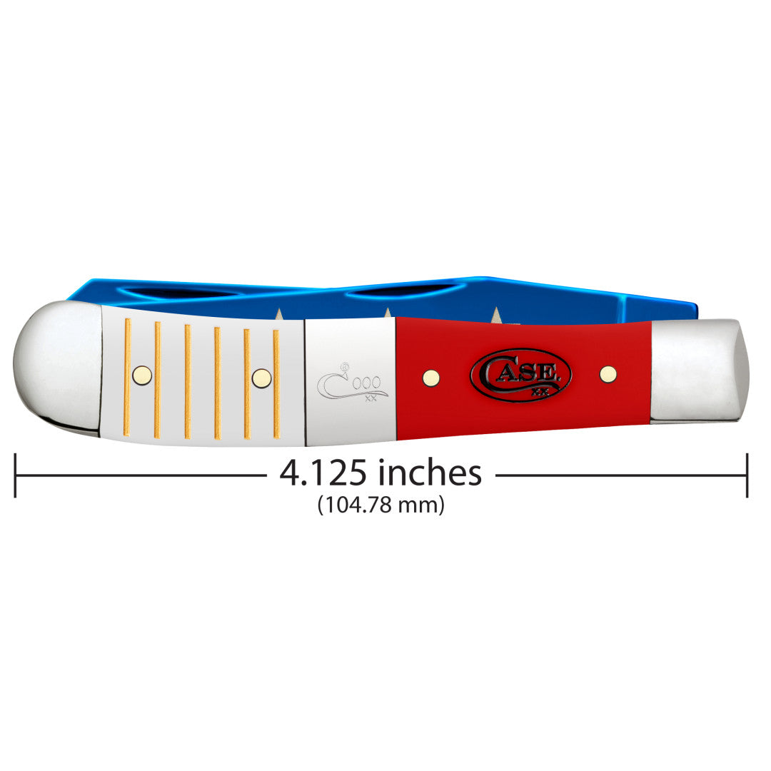 2026 USA 250 Gift Set - Smooth White & Red Synthetic Center Bolstered Trapper w/ Lighter in Cigar Box  Dimensions