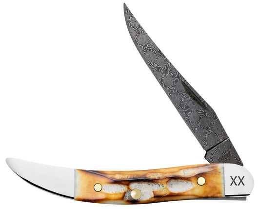 Deep Canyon Jigged Burnt Natural Bone Raindrop Damascus Small Texas Toothpick Front View