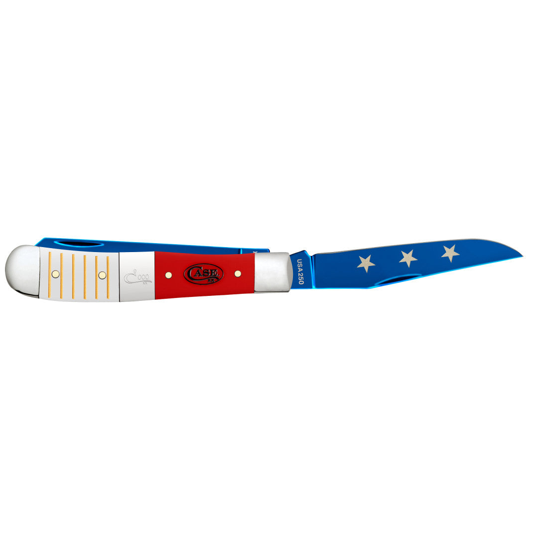 2026 USA 250 Gift Set - Smooth White & Red Synthetic Center Bolstered Trapper w/ Lighter in Cigar Box  Open