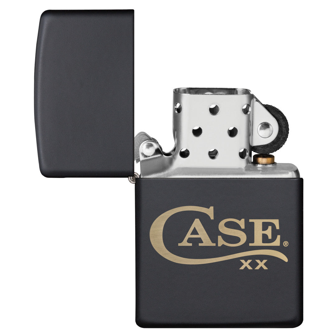 Zippo® Case Logo Black Matte Lighter with its lid open and unlit