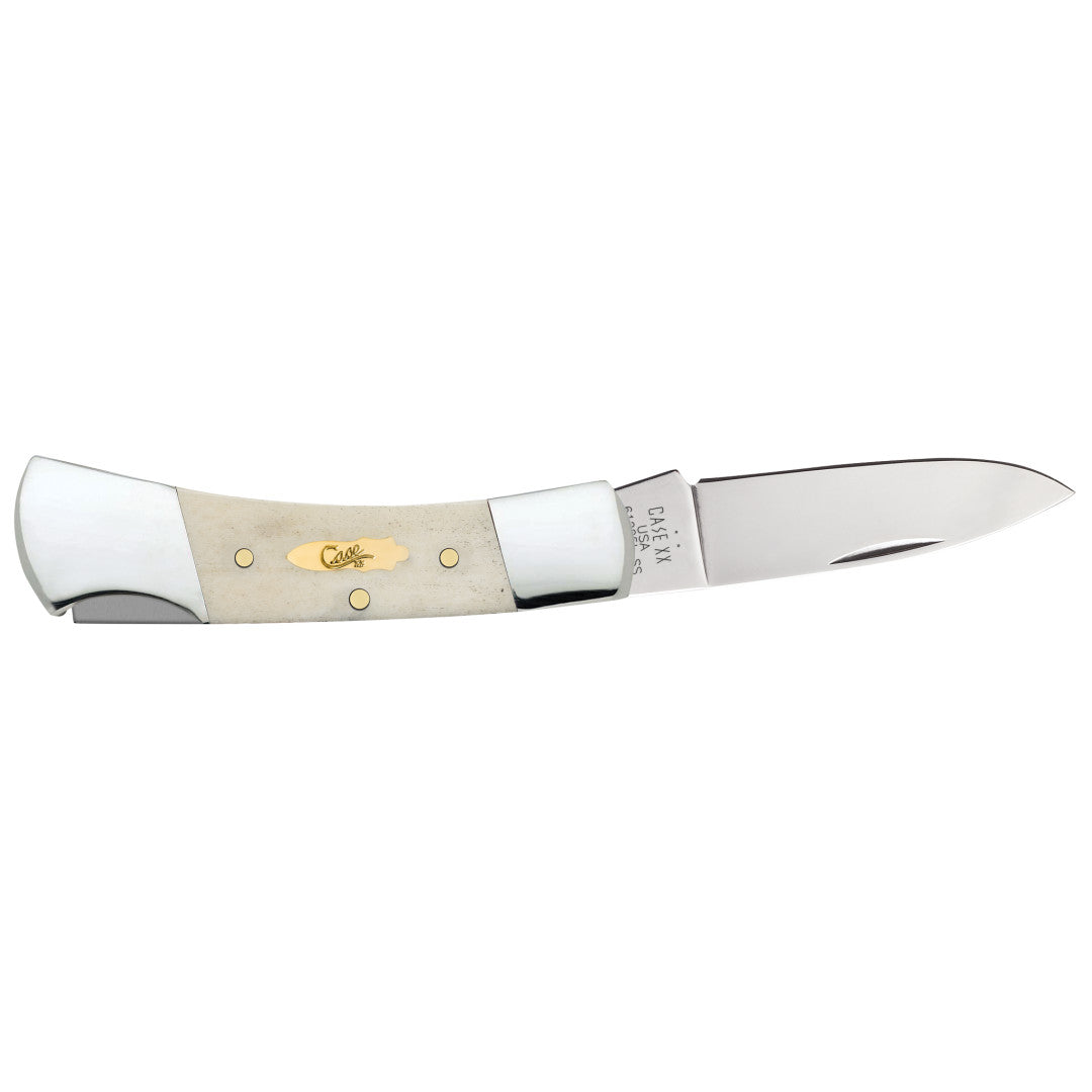 Smooth Natural Bone Lockback - Brass Bomb Shield Open