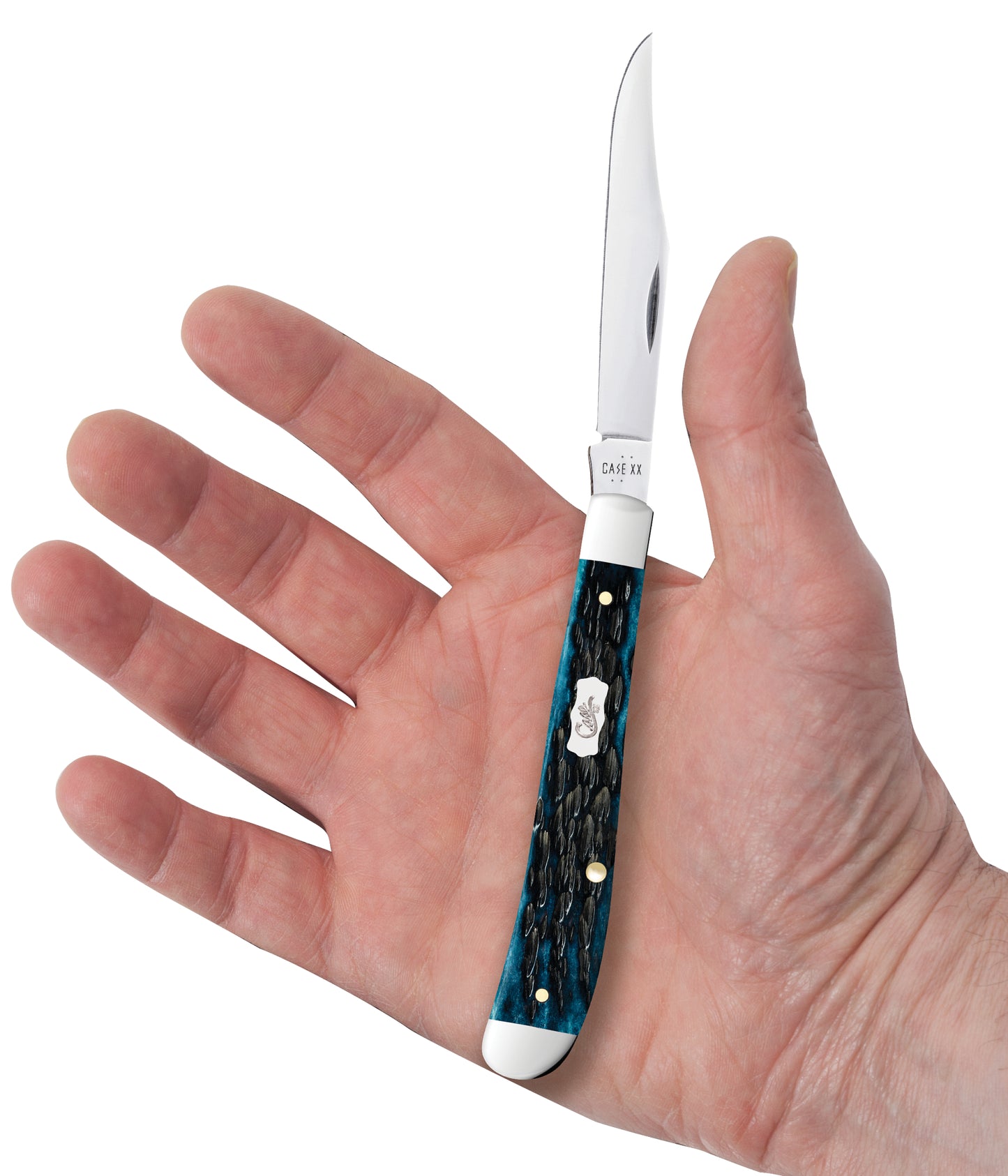 Pocket Worn® Peach Seed Jigged Mediterranean Blue Bone Slimline Trapper in Hand