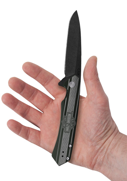 Harley Davidson® Embellished Smooth OD Green Anodized Aluminum Handle Kinzua in Hand