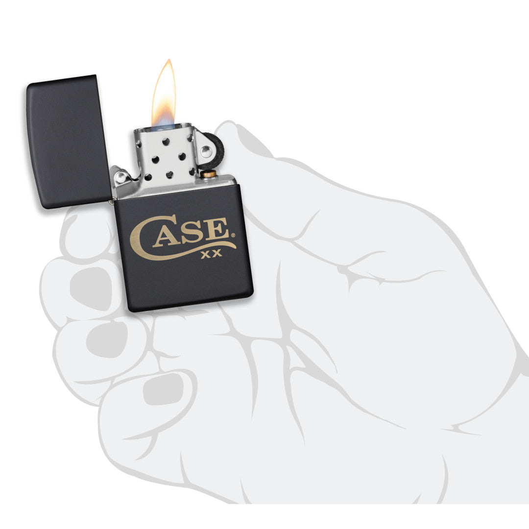 Zippo® Case Logo Black Matte Lighter lit in hand
