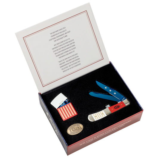 2026 USA 250 Gift Set - Smooth White & Red Synthetic Center Bolstered Trapper w/ Lighter in Cigar Box  packaging with lid open