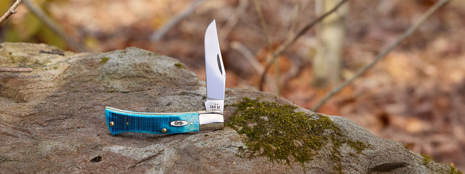 Knife with a blue handle on a rock in a natural setting