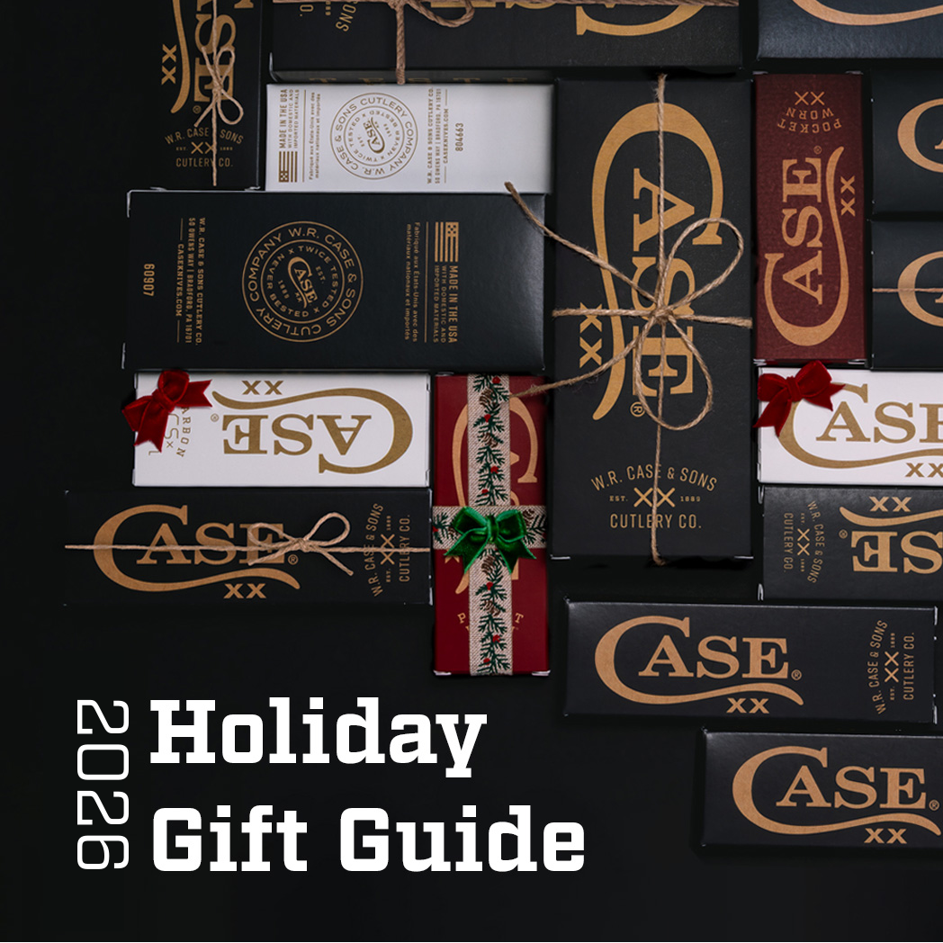 A collage of CASE XX gift boxes and cards in black, white, and red packaging, tied with twine or ribbon, with the text '2026 Holiday Gift Guide' on a black background.