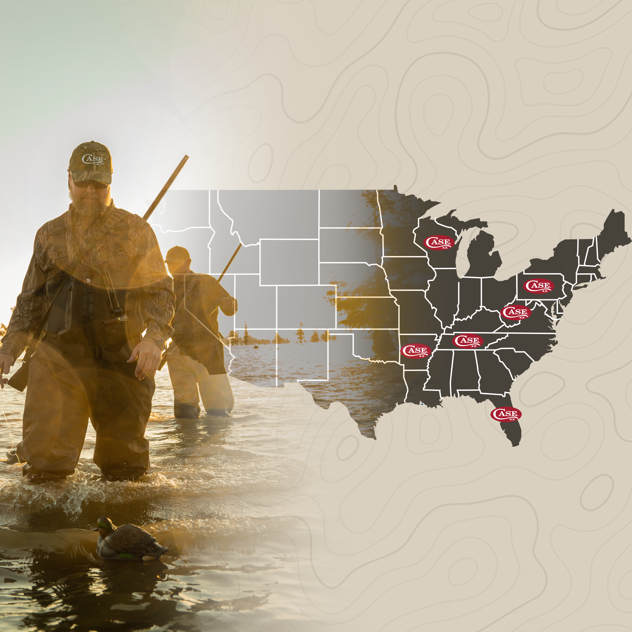 A promotional graphic for Case featuring two men wading in shallow water with duck hunting rods, layered over a map of the United States highlighted with Case logos. A duck is visible in the foreground water.