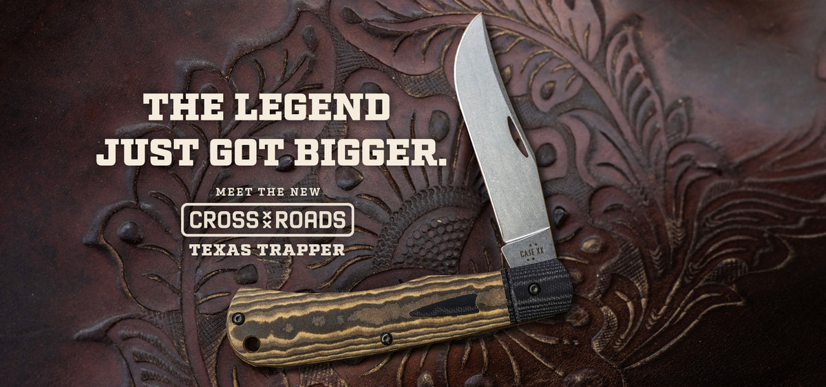 Case knife call out. The knife has a brown handle and is infront of a dark brown background. Caption says, "THE LEGEND JUST GOT BIGGER."