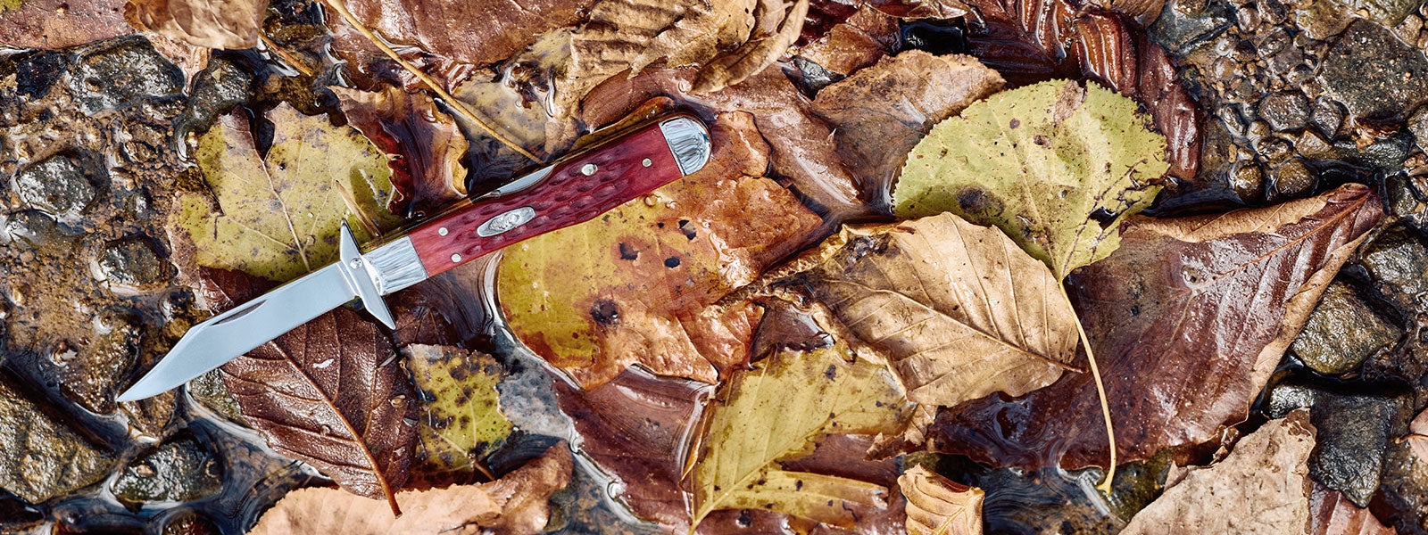 Knife with a red handle on a bed of autumn leaves and rocks