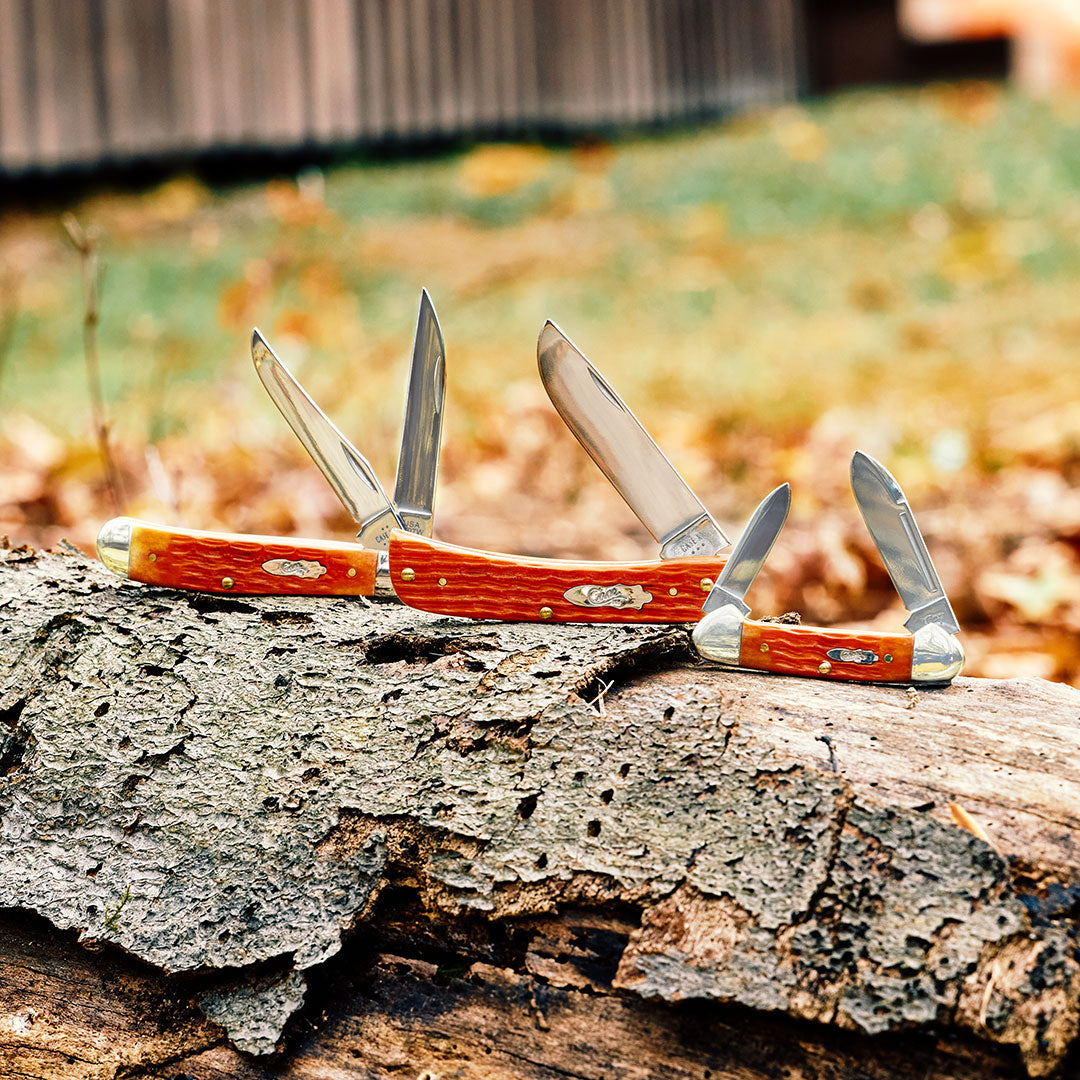 Three Case knives with wooden handles on a log in an outdoor setting.