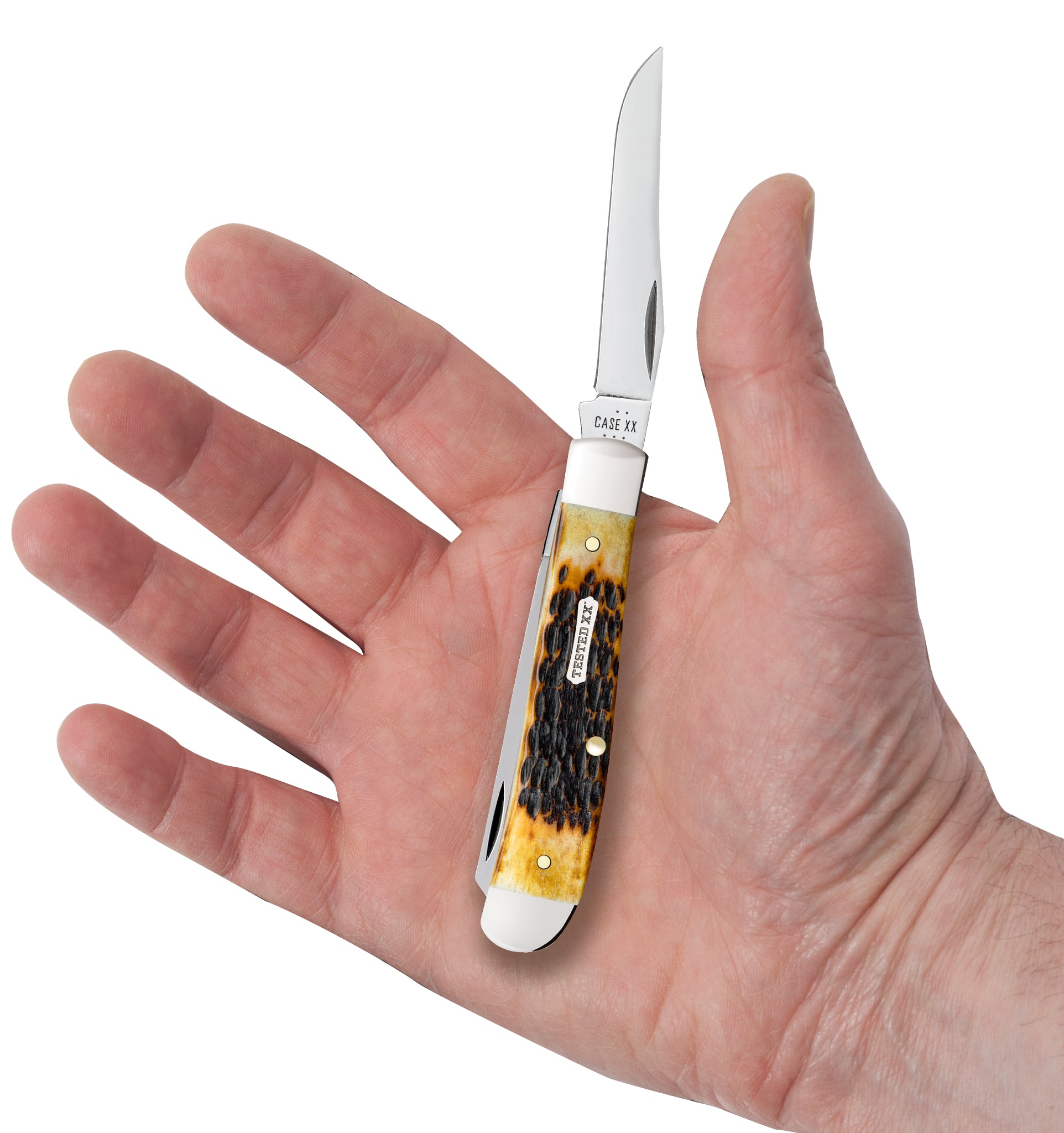 Rogers Jigged Burnt Amber Bone CS Mini Trapper In Hand