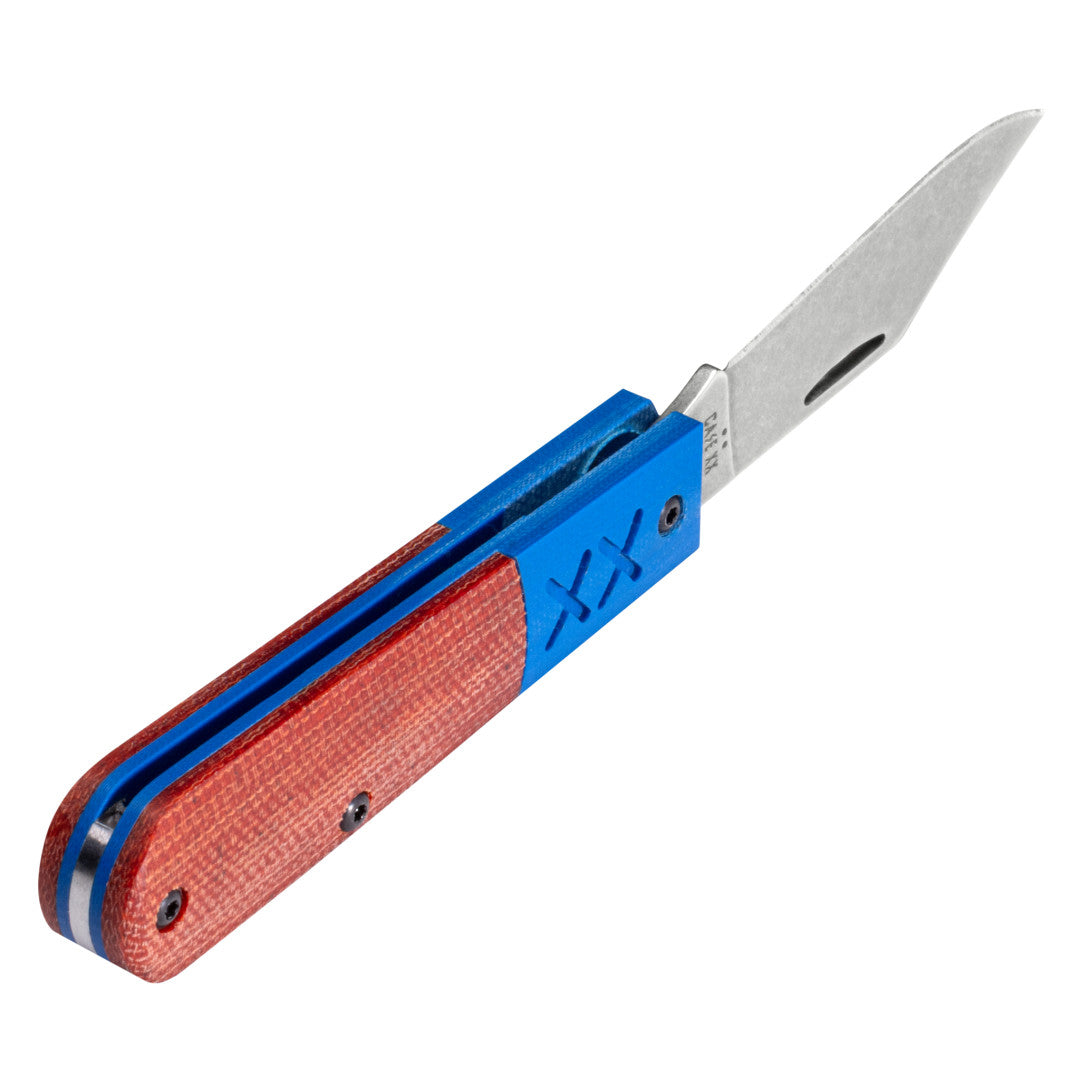 Crossroads Orange Canvas Laminate w/ Blue G-10 XR Barlow Open at an Angle