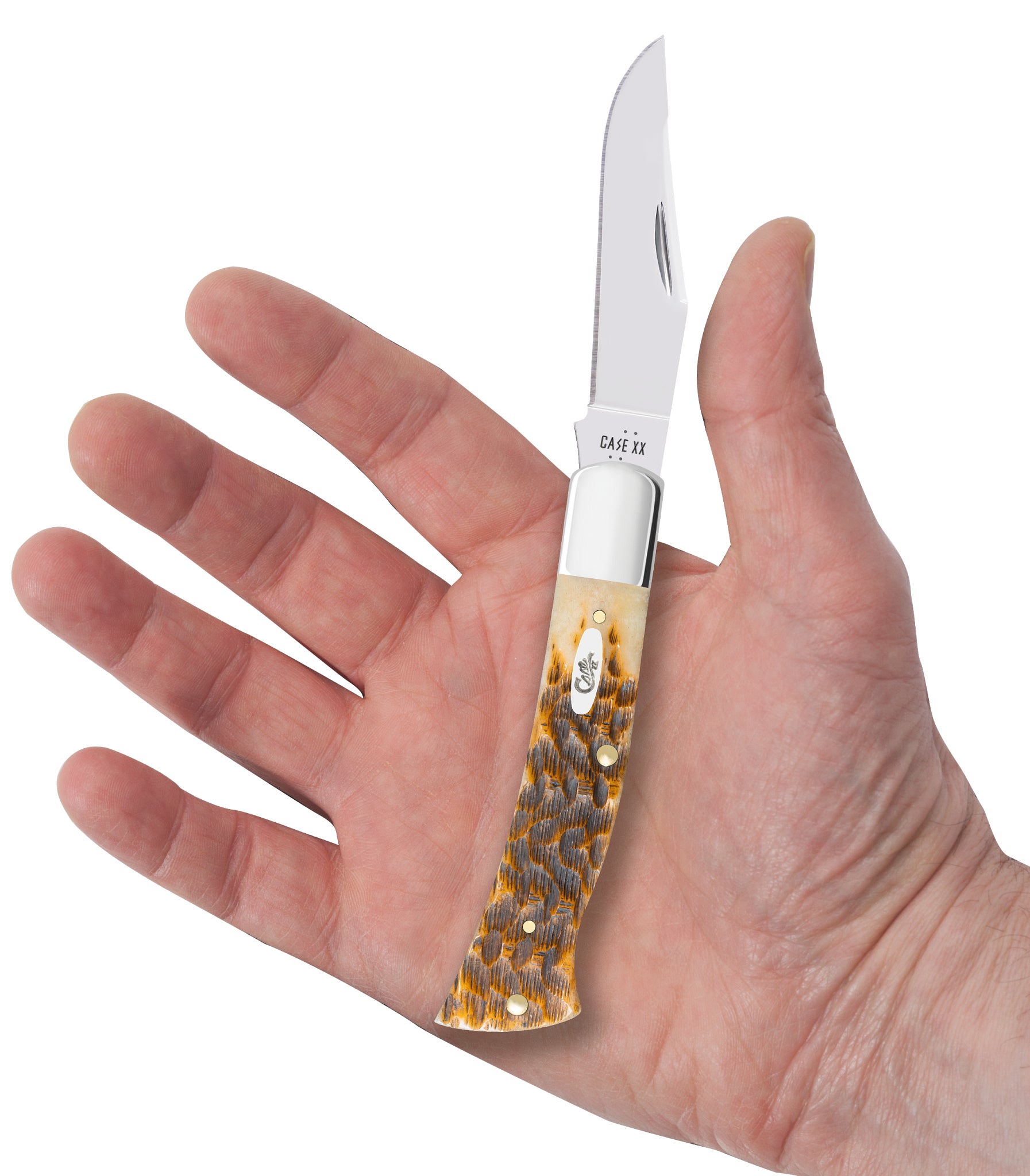 Amber Bone SS - Peach Seed Jigged Case Axe Handle® (BR61135 SS) in Hand
