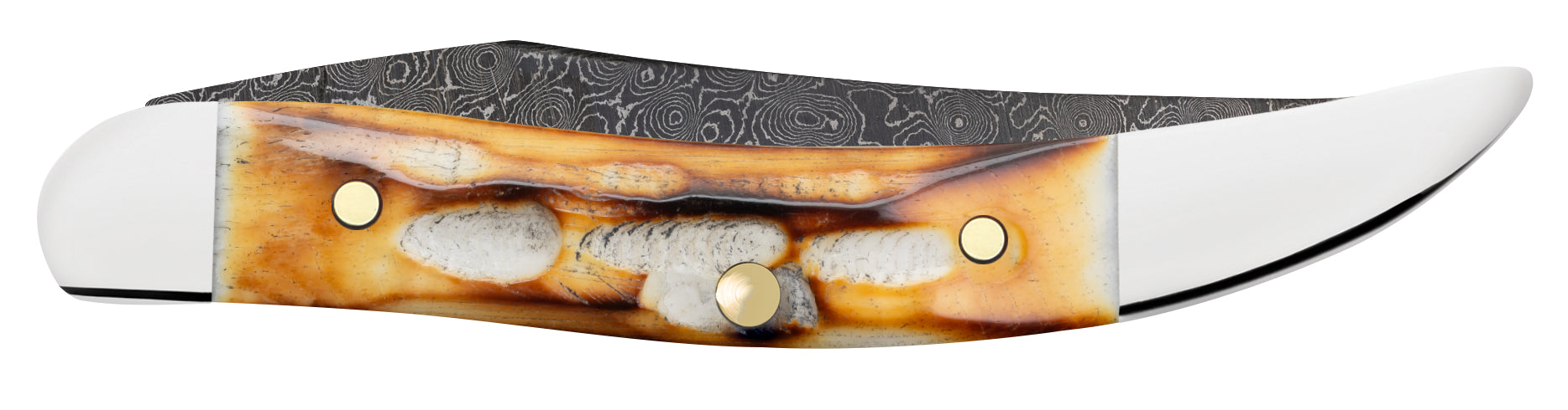 Deep Canyon Jigged Burnt Natural Bone Raindrop Damascus Small Texas Toothpick Closed