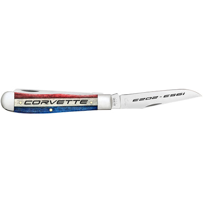 Corvette 70th Anniversary Trapper Gift Set Embellished Smooth Natural Bone with Red, Black and Blue Color Wash and Black Definition Knife in Hand