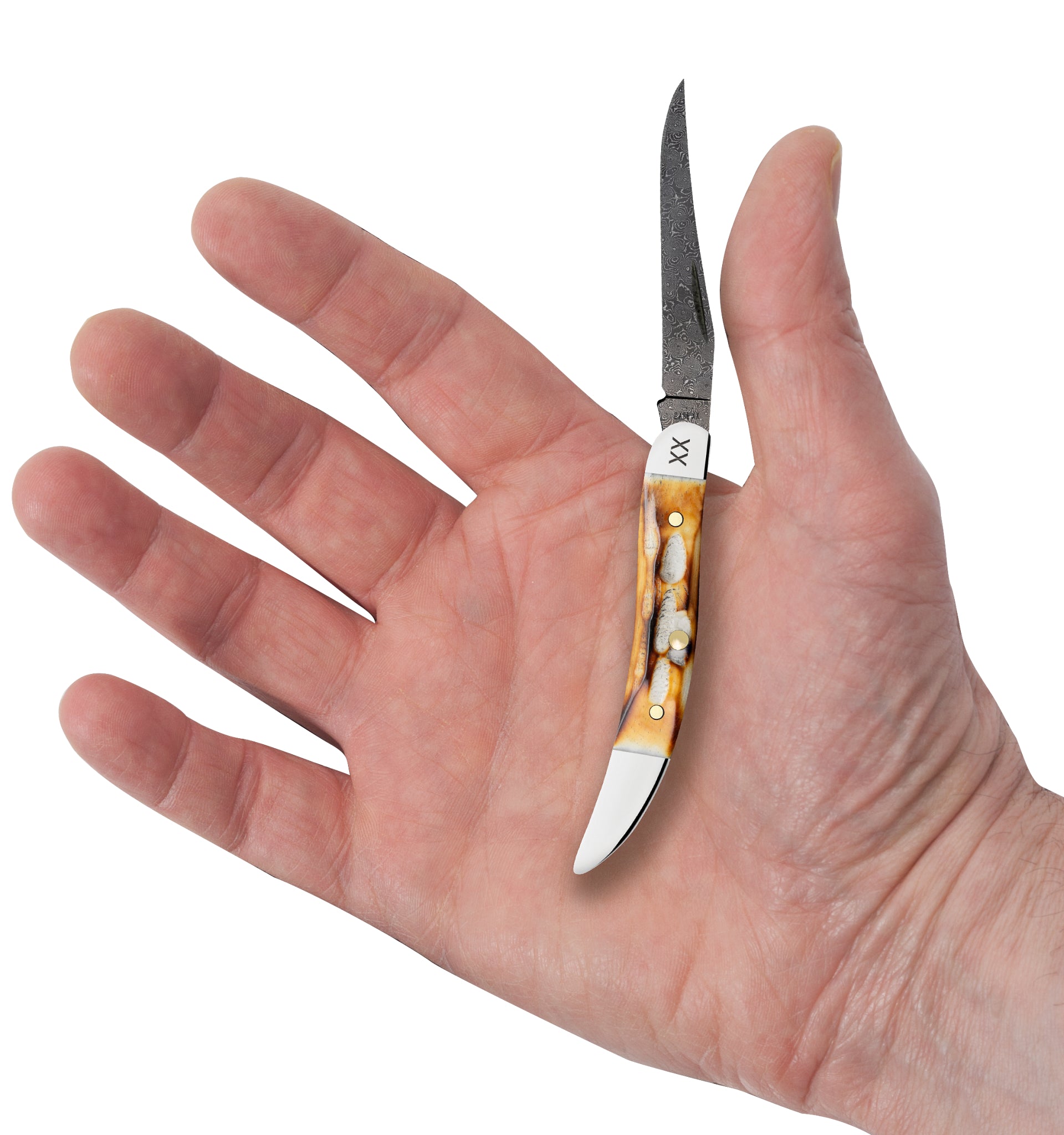 Deep Canyon Jigged Burnt Natural Bone Raindrop Damascus Small Texas Toothpick In Hand