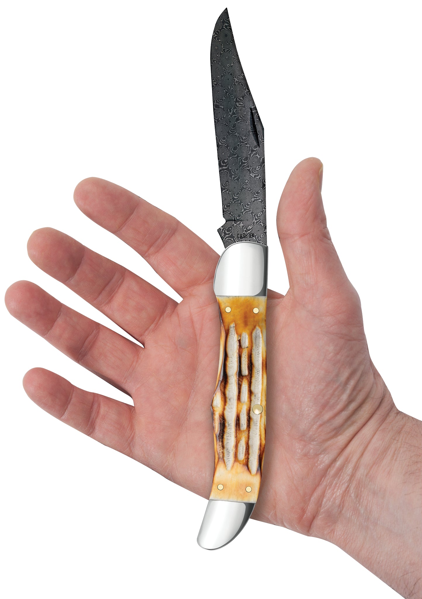 Deep Canyon Jigged Burnt Natural Bone Raindrop Damascus Folding Hunter In Hand