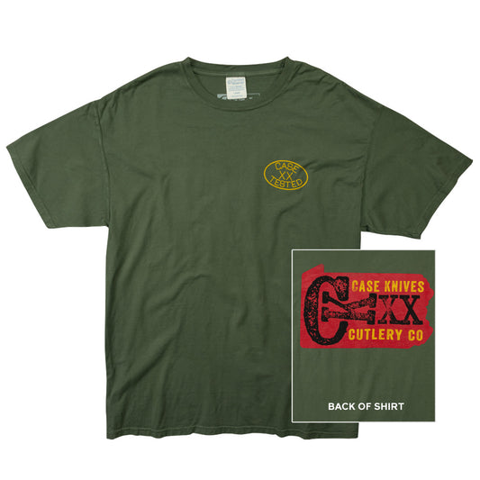 Front View of Moss Green T-Shirt with a small swatch of the back view of the design.