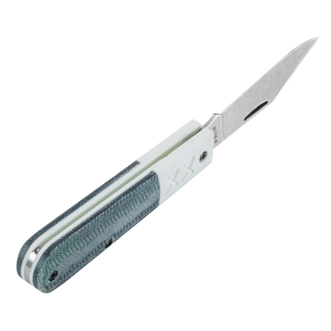 Crossroads™ Blue Denim Canvas Laminate w/ White G-10 XR Barlow Open at an angle