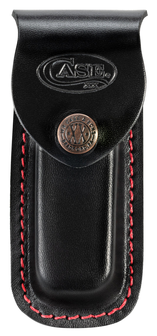 Genuine Black Leather Medium Sheath with Red Stitching Front View