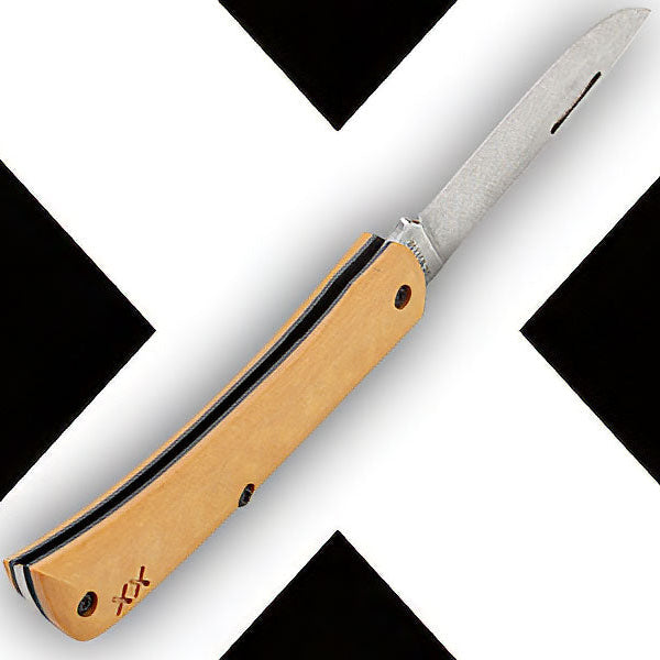 Case knife with wooden handle on a black and white crosshatch background
