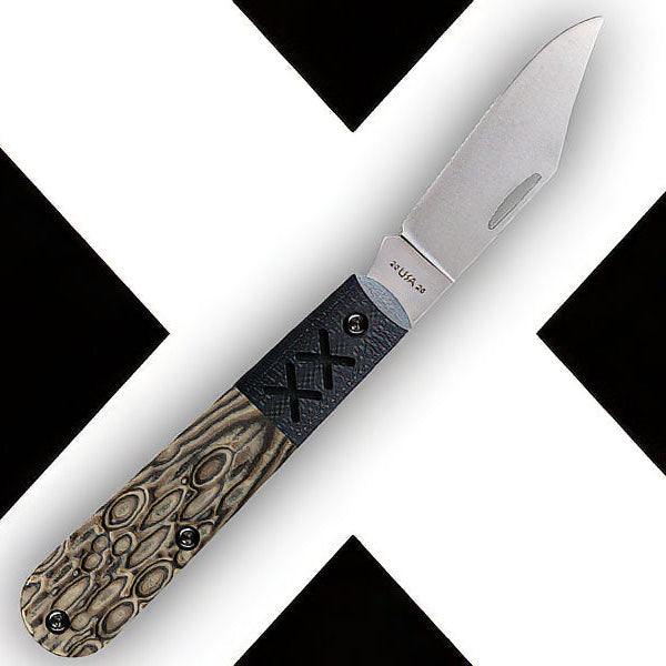 Case Cut of the Month for May. The knife has a brown handle on a black and white background. 
