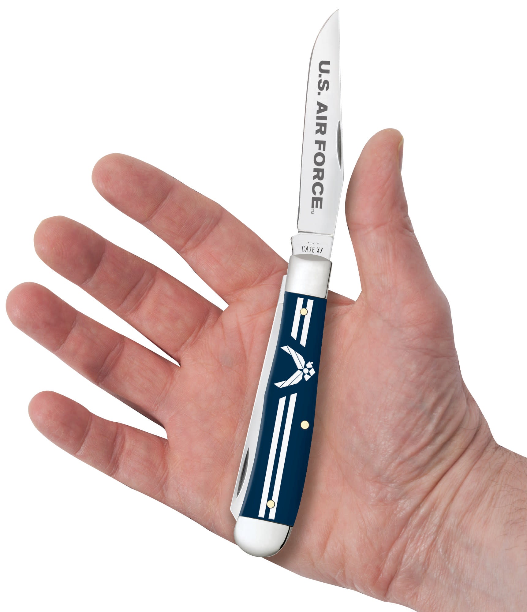 U.S. Air Force™ Embellished Smooth Blue Synthetic Trapper in hand.