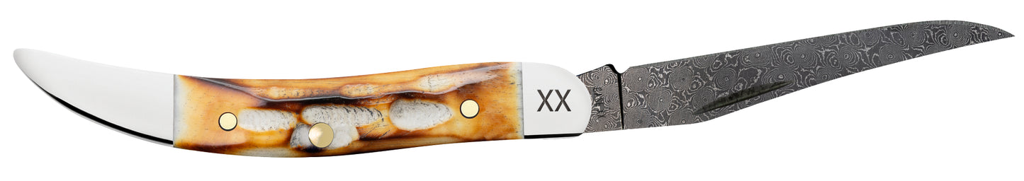 Deep Canyon Jigged Burnt Natural Bone Raindrop Damascus Small Texas Toothpick Open