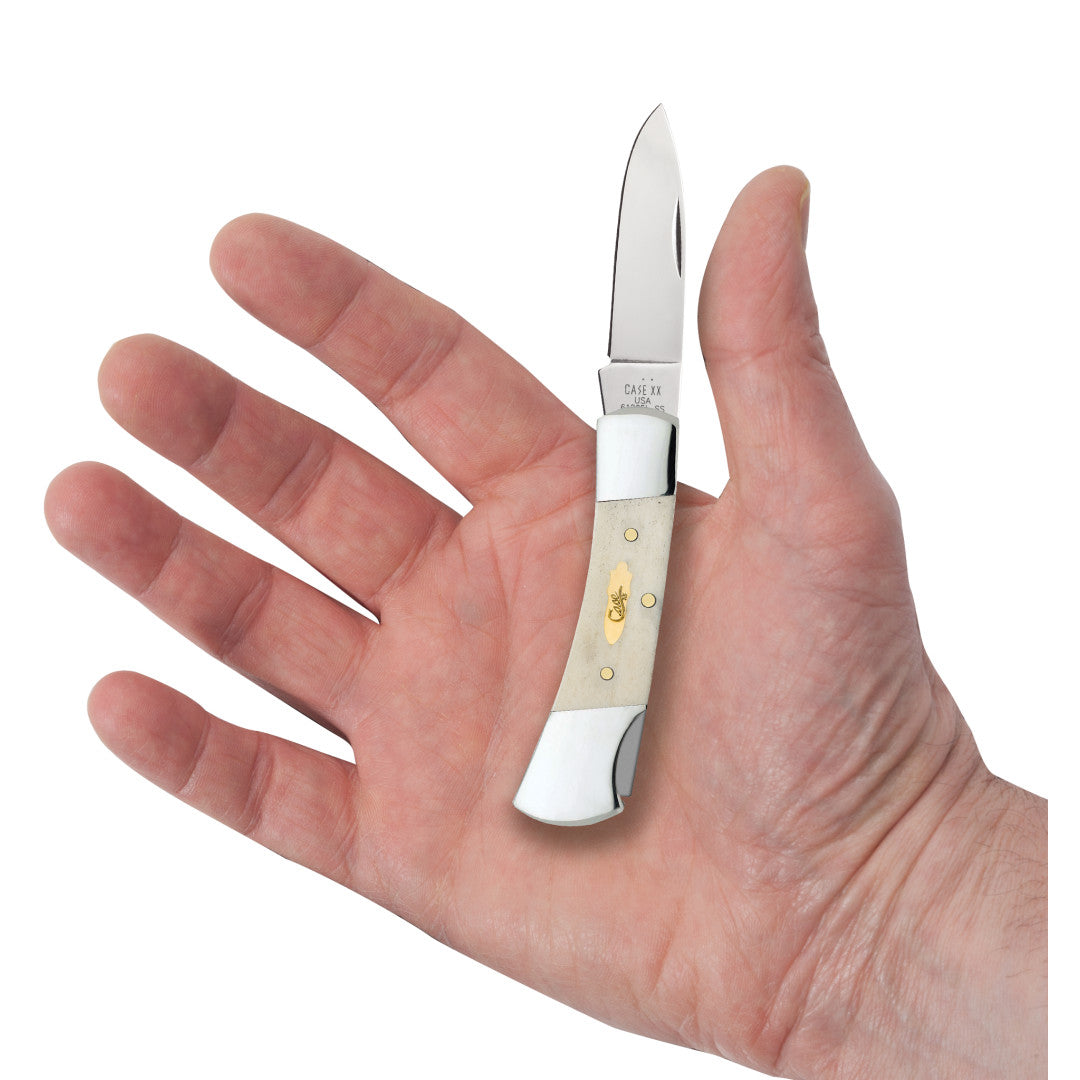 Smooth Natural Bone Lockback - Brass Bomb Shield in Hand