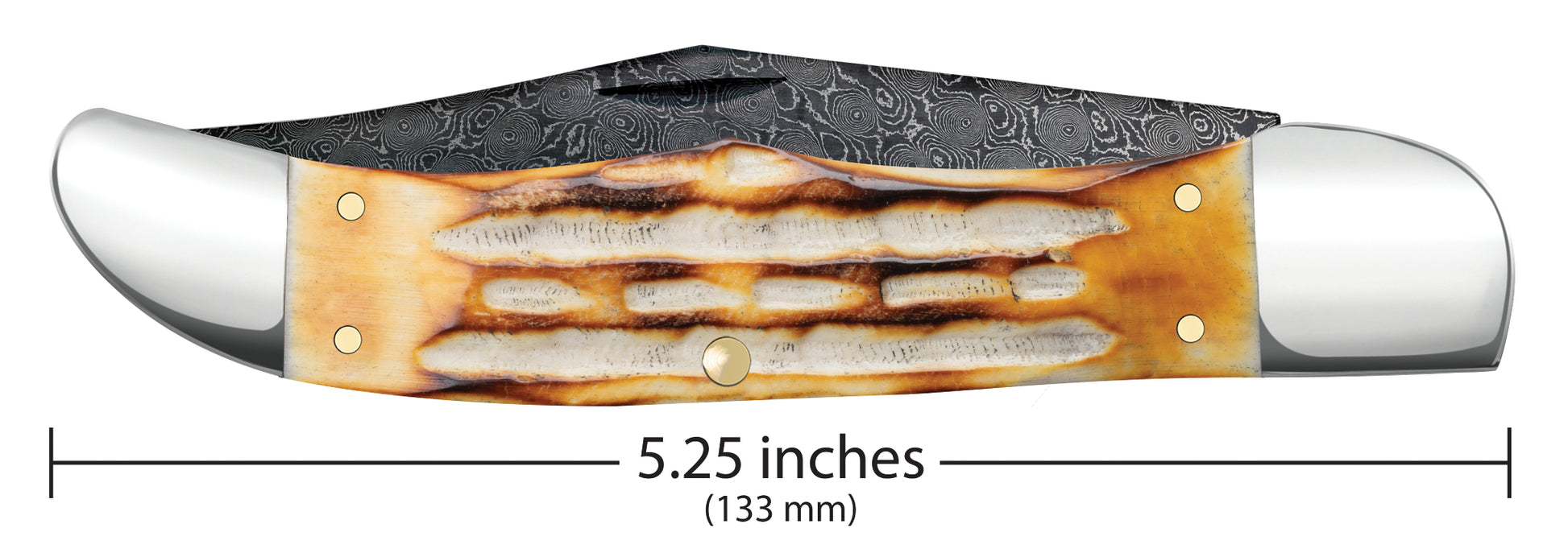 Deep Canyon Jigged Burnt Natural Bone Raindrop Damascus Folding Hunter Dimensions