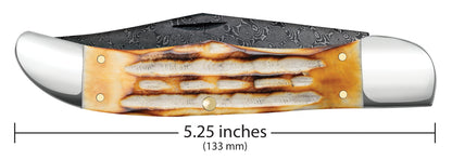 Deep Canyon Jigged Burnt Natural Bone Raindrop Damascus Folding Hunter Dimensions