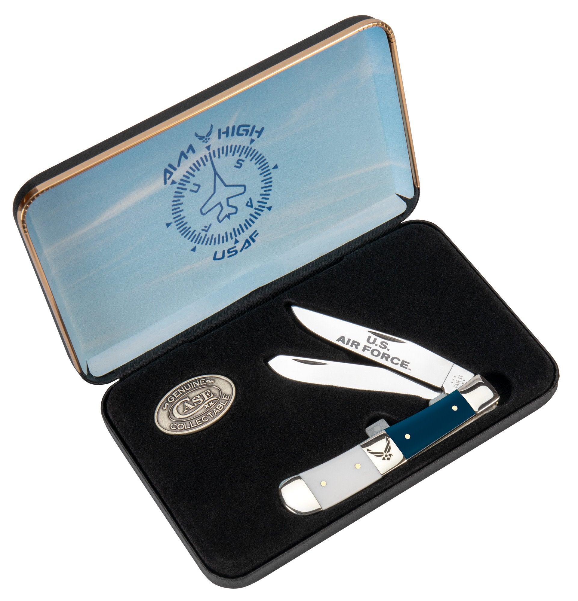 U.S. Air Force™ Smooth White/Blue Synthetic Trapper Gift Set packaging open, showing the knife.