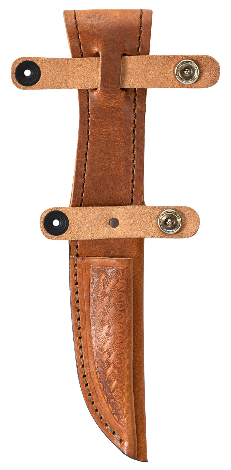 Front shot of Twin Finn Sheath with the buttons un-snapped