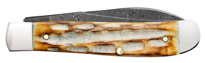 Deep Canyon Jigged Burnt Natural Bone Raindrop Damascus Mini Trapper Closed