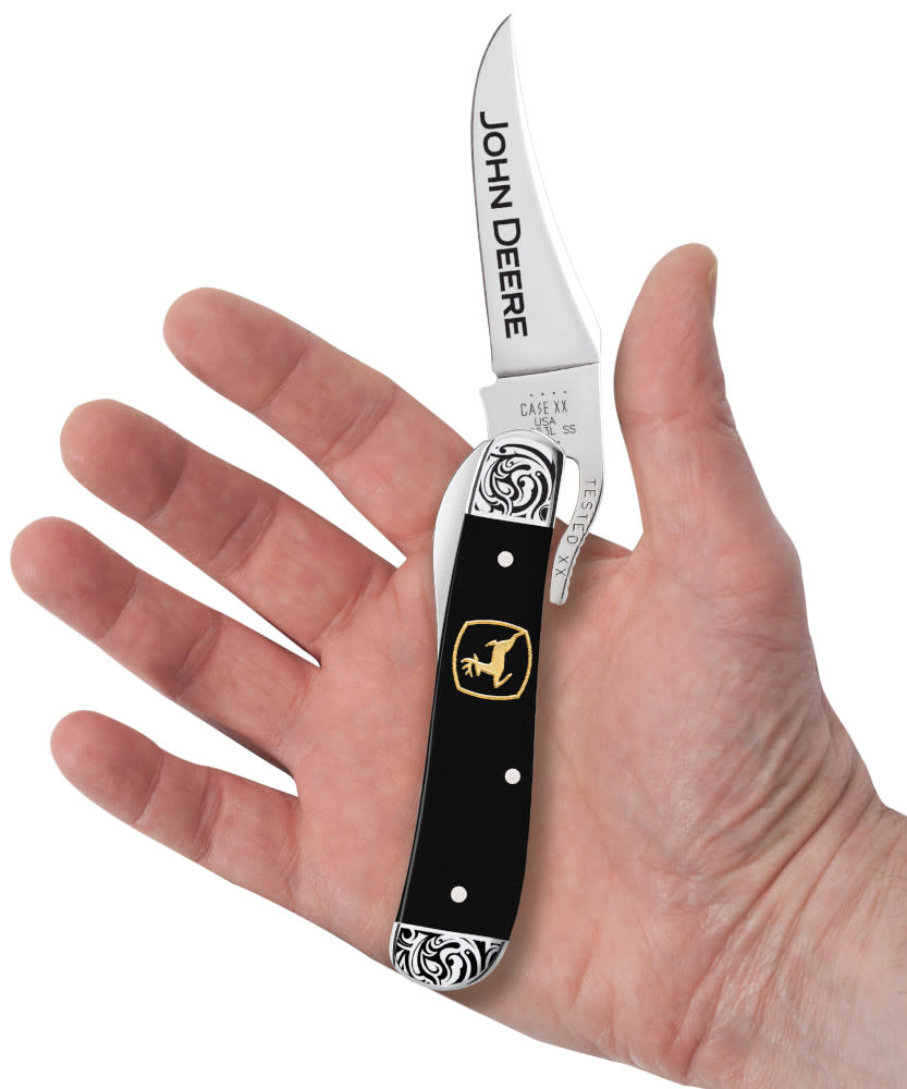 John Deere Embellished Smooth Black Synthetic RussLock® with Embellished Bolsters Knife in Hand