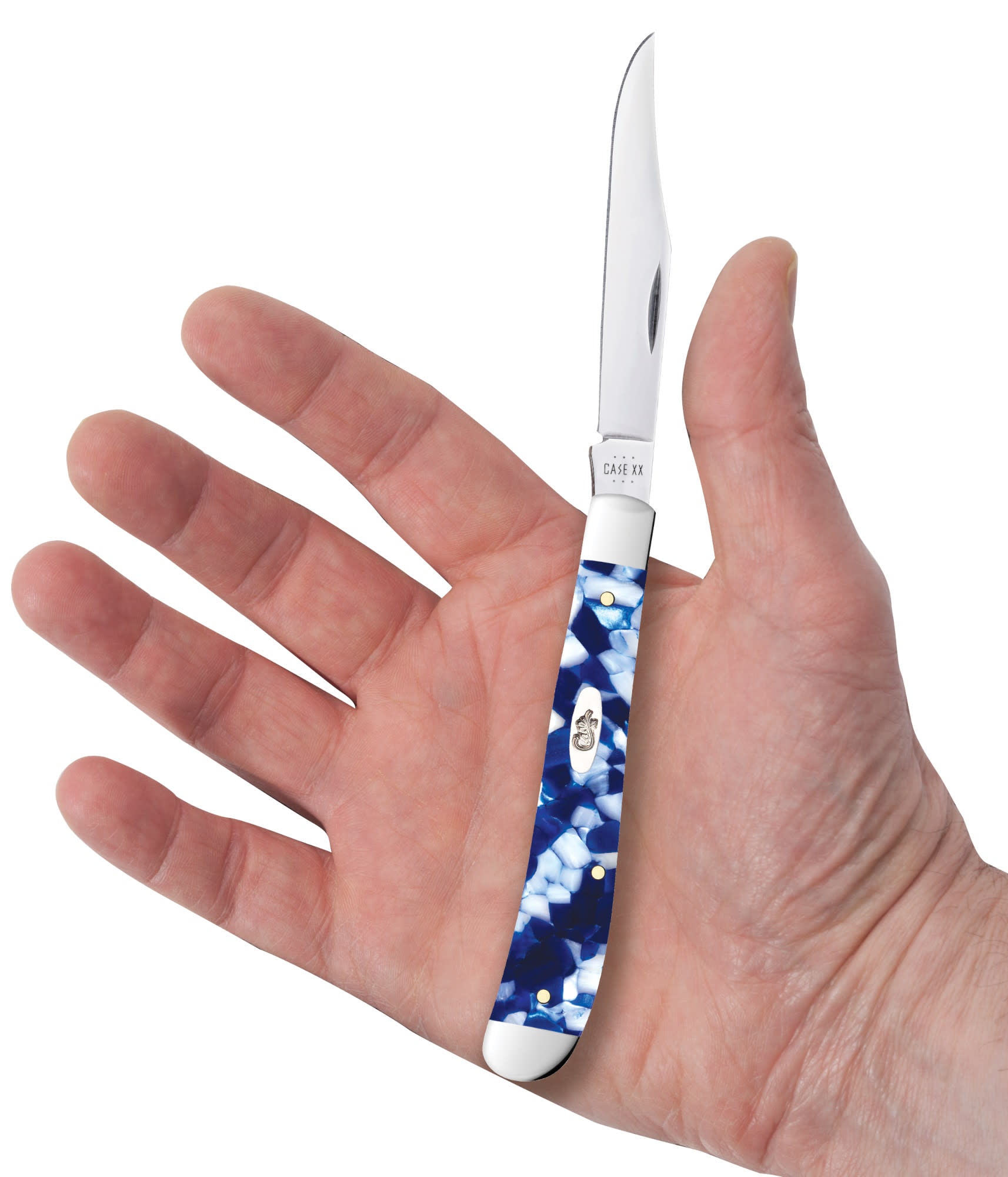 Smooth Blue Crackle Kirinite® Slimline Trapper in hand.