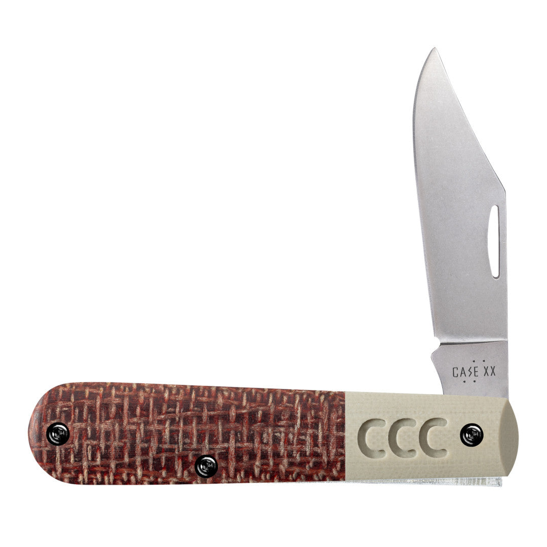 Front View of CCC® Crossroads™ Smooth Burgandy Burlap Laminate w/ Tan G-10 XR Barlow