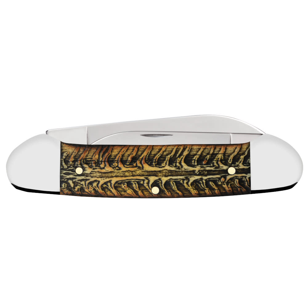 Golden Pinecone Embellished Natural Bone Canoe with Amber Color Wash and Black Definition Closed