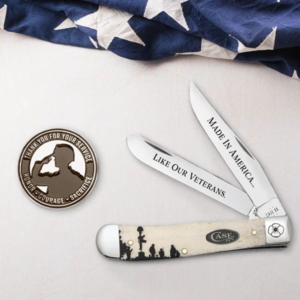 Lifestyle image of Veterans Day Commemorative Smooth Natural Bone Trapper 2025 Gift Set shown near an American flag.