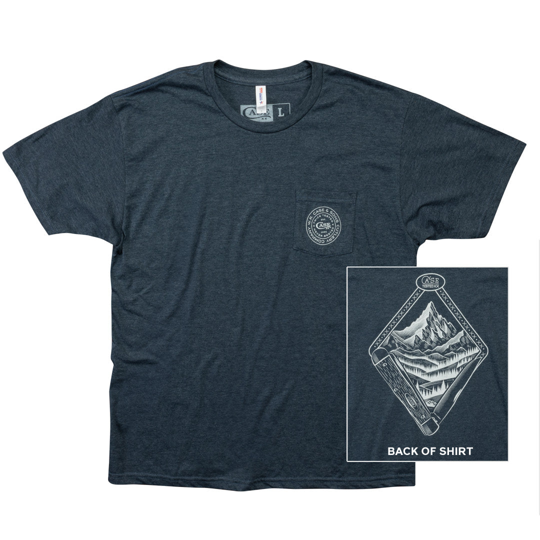 Front view of Navy Heather T-Shirt with a small swatch of the back view of the design.