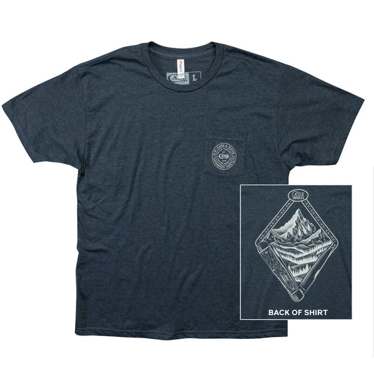 Front view of Navy Heather T-Shirt with a small swatch of the back view of the design.