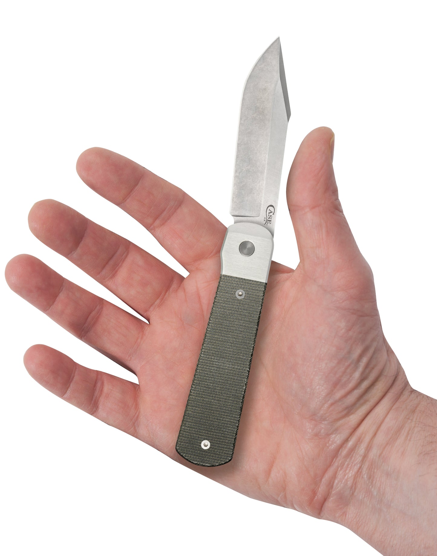 Smooth OD Green Canvas Micarta® Longhouse® Open in Hand