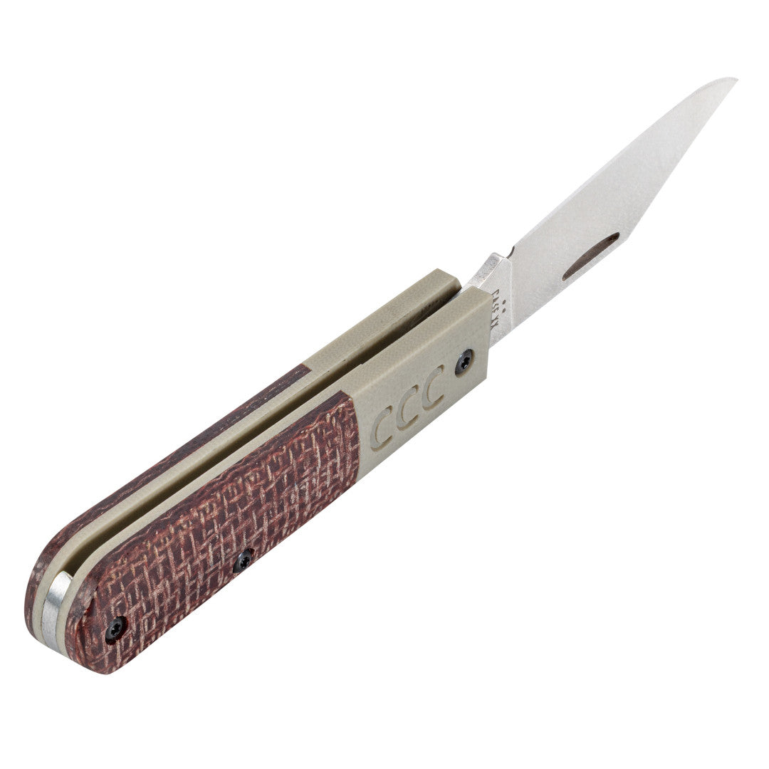 CCC® Crossroads™ Smooth Burgandy Burlap Laminate w/ Tan G-10 XR Barlow open side view
